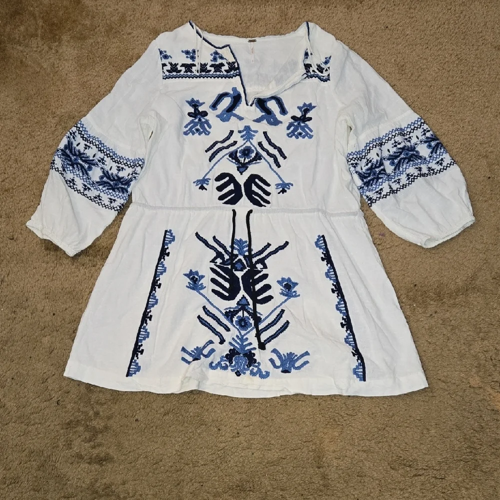 Free People White and Blue Embroidered Dress - Picture 1 of 5